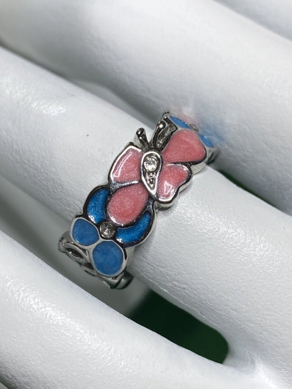 Enamel Flower & Butterfly Ladies Fashion Ring Sz 5 Rhinestone Accents Blue Pink